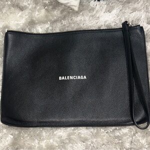Balenciaga Black Pebbled Leather Wristlet Clutch